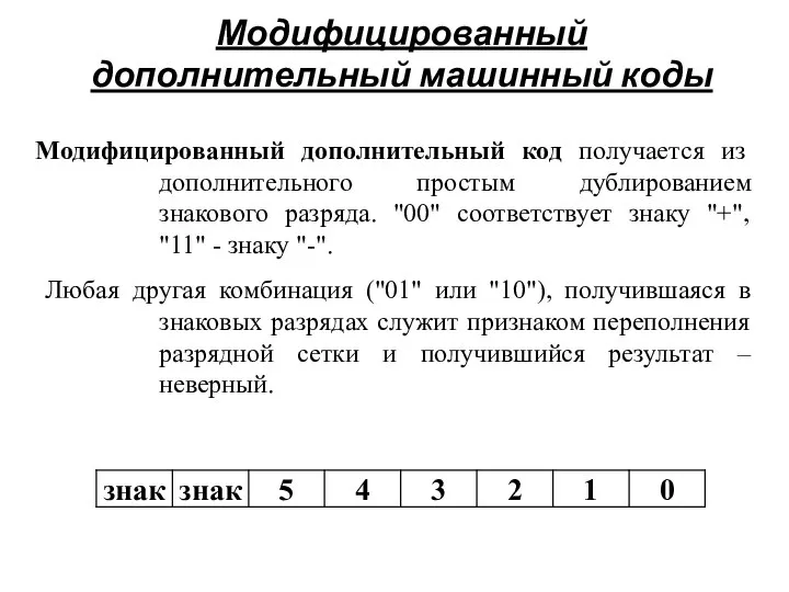 Модифицированный дополнительный машинный коды Модифицированный дополнительный код получается из дополнительного простым дублированием