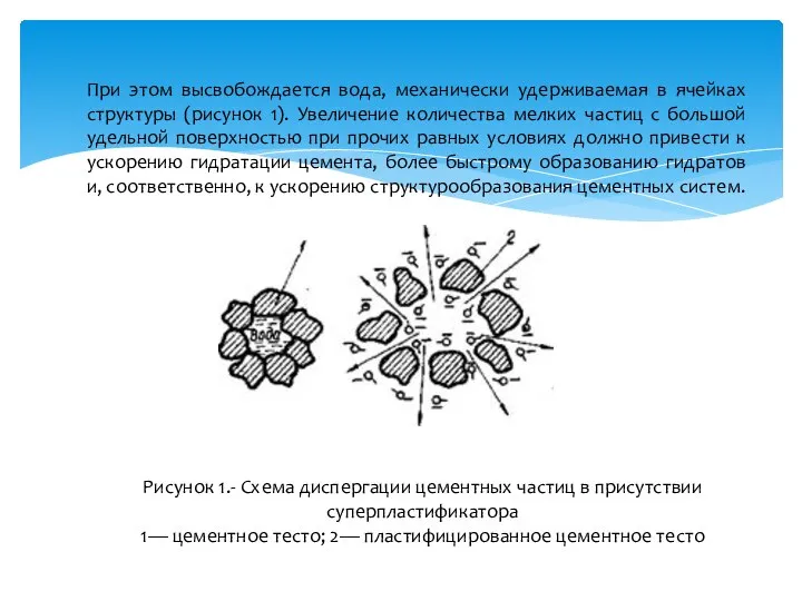 Рисунок 1.- Схема диспергации цементных частиц в присутствии суперпластификатора 1— цементное тесто;