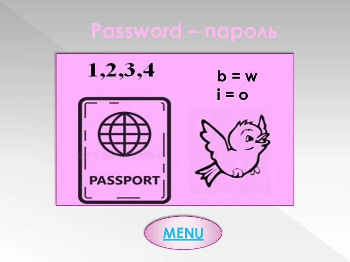 Password – пароль b = w i = o MENU