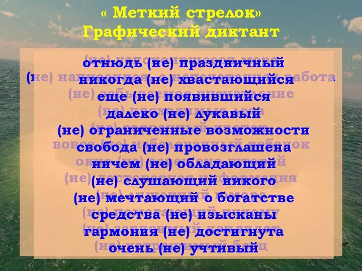 (не) успокоившееся море (не) написанная, а напечатанная работа (не) забываемое впечатление (не)