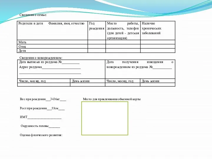 Сведения о семье: Сведения о новорожденном: Вес при рождении___3436кг____ Рост при рождении___55см____