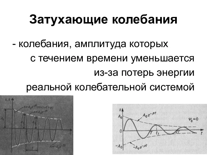 Затухающие колебания - колебания, амплитуда которых с течением времени уменьшается из-за потерь энергии реальной колебательной системой