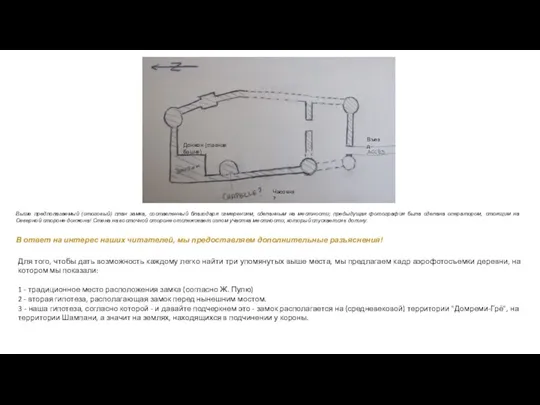 Выше предполагаемый (итоговый) план замка, составленный благодаря измерениям, сделанным на местности; предыдущая