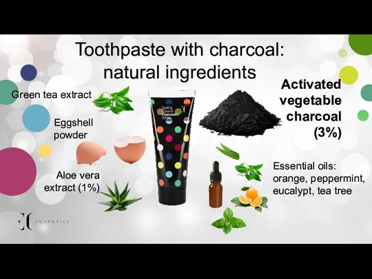Toothpaste with charcoal: natural ingredients Green tea extract Eggshell powder Essential oils: