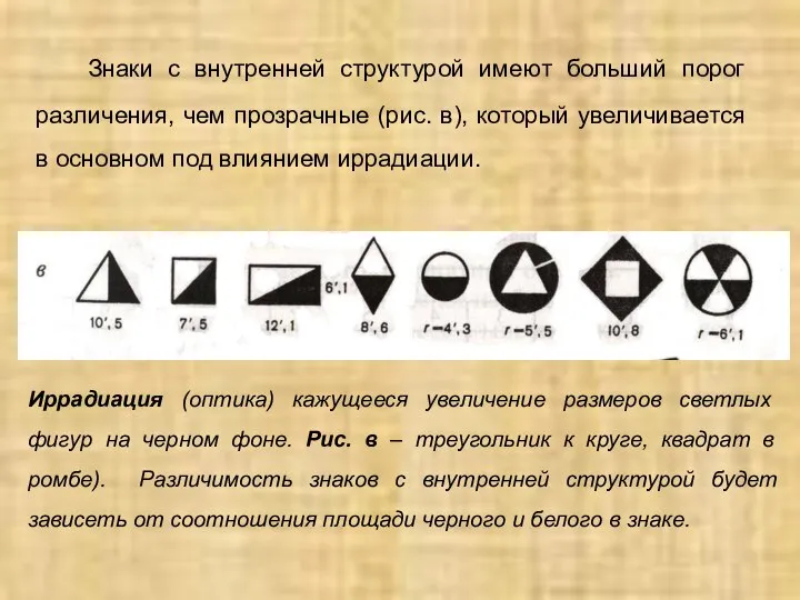 Знаки с внутренней структурой имеют больший порог различения, чем прозрачные (рис. в),