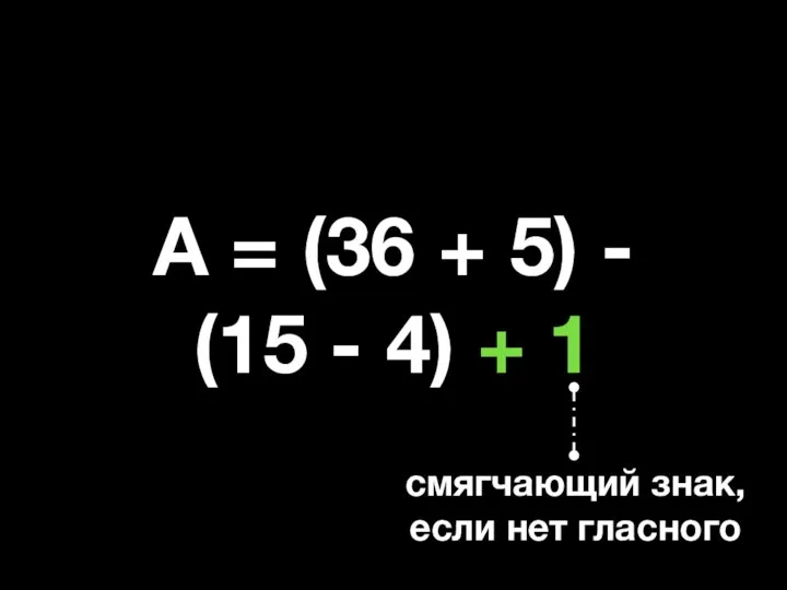 А = (36 + 5) - (15 - 4) + 1 смягчающий знак, если нет гласного