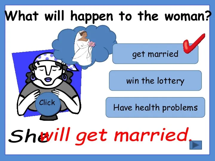 What will happen to the woman? Click get married win the lottery