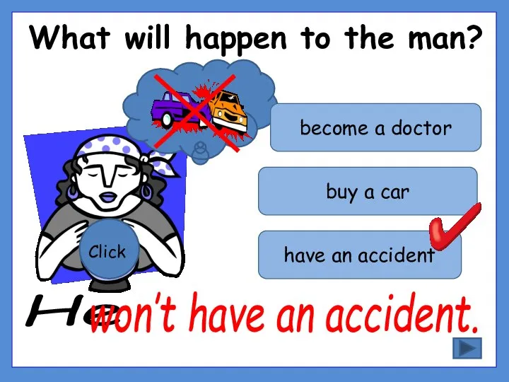What will happen to the man? Click have an accident buy a
