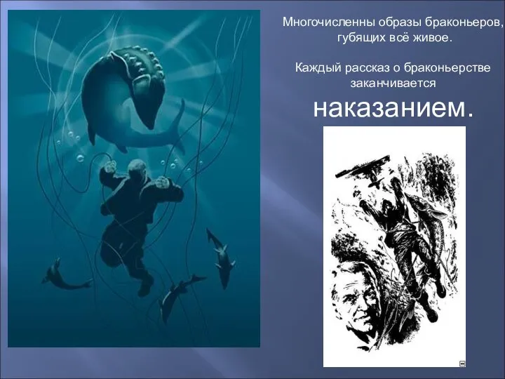 Многочисленны образы браконьеров, губящих всё живое. Каждый рассказ о браконьерстве заканчивается наказанием.