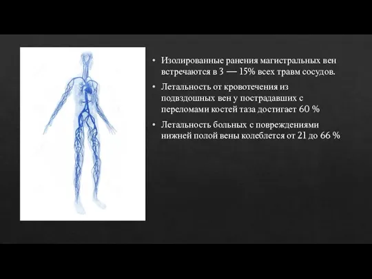 Изолированные ранения магист­ральных вен встречаются в 3 — 15% всех травм сосудов.