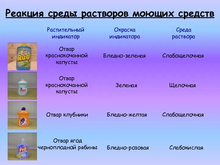 Реакция среды растворов моющих средств Растительный индикатор Окраска индикатора Среда раствора Отвар