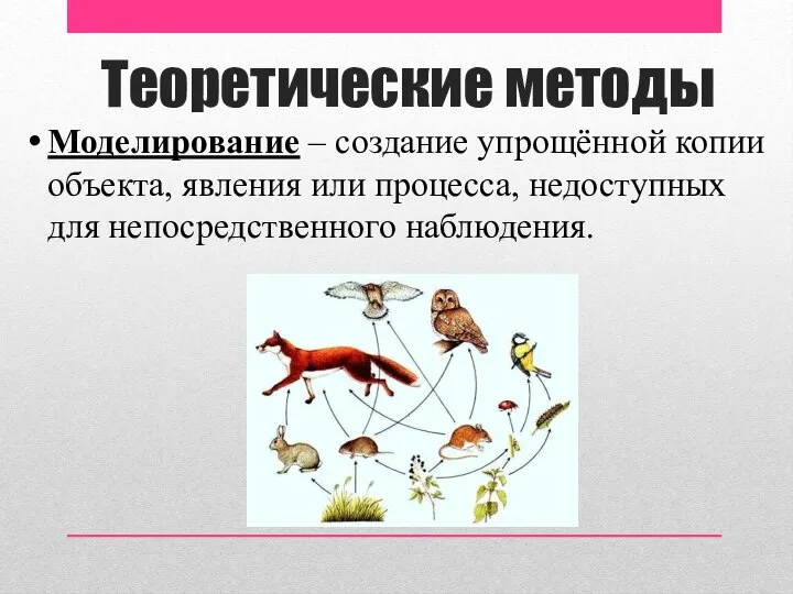 Теоретические методы Моделирование – создание упрощённой копии объекта, явления или процесса, недоступных для непосредственного наблюдения.