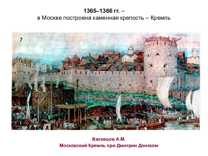 1365–1366 гг. – в Москве построена каменная крепость – Кремль Васнецов А.М.