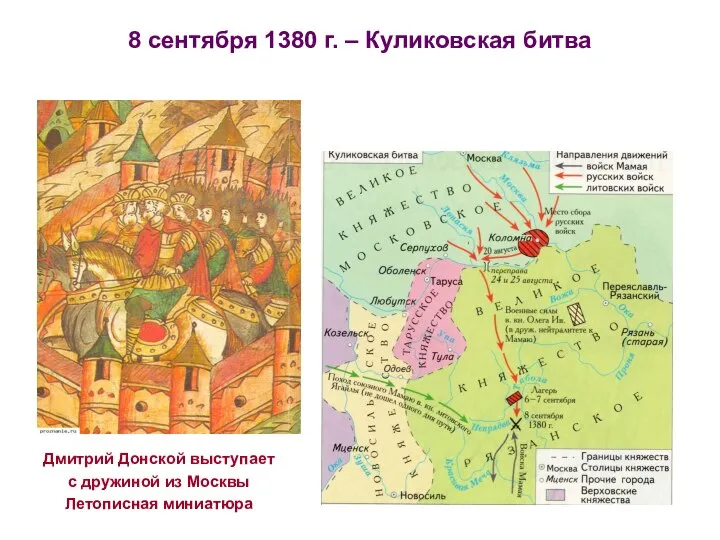 8 сентября 1380 г. – Куликовская битва Дмитрий Донской выступает с дружиной из Москвы Летописная миниатюра