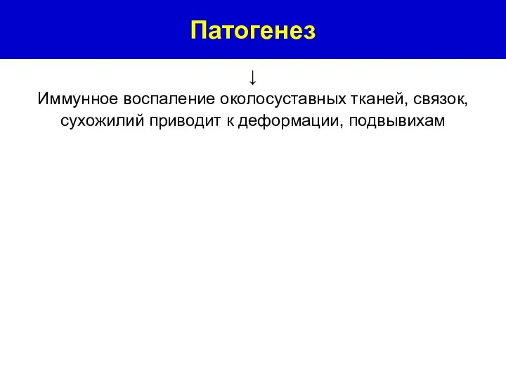 ↓ Иммунное воспаление околосуставных тканей, связок, сухожилий приводит к деформации, подвывихам Патогенез