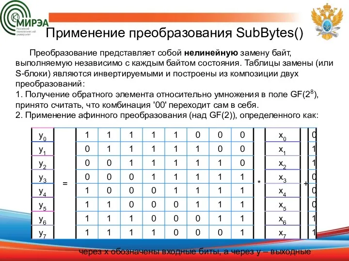 Применение преобразования SubBytes() Преобразование представляет собой нелинейную замену байт, выполняемую независимо с