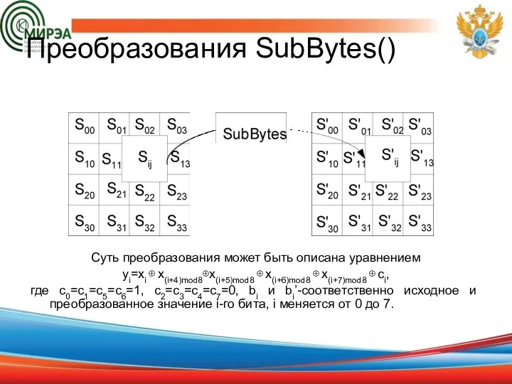 Преобразования SubBytes() Суть преобразования может быть описана уравнением yi=xi ⊕ x(i+4)mod8⊕x(i+5)mod8 ⊕