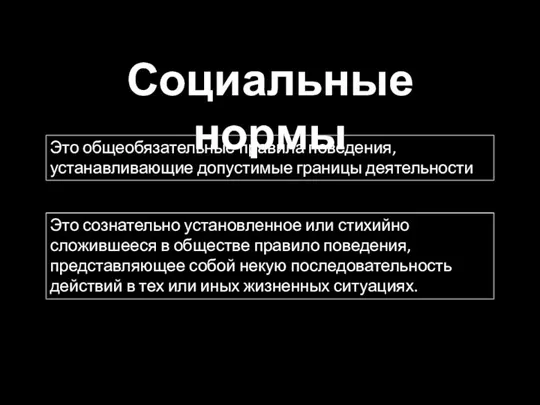 Социальные нормы Это общеобязательные правила поведения, устанавливающие допустимые границы деятельности Это сознательно