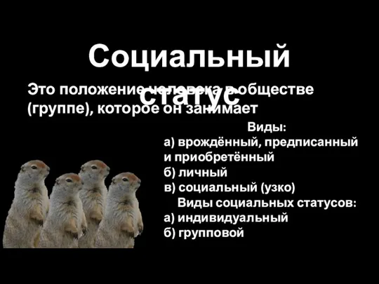 Социальный статус Виды: а) врождённый, предписанный и приобретённый б) личный в) социальный