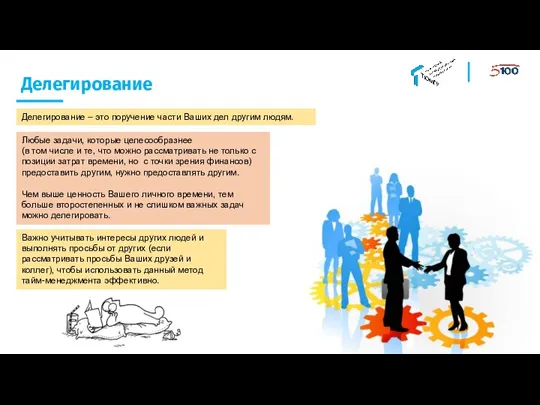 Делегирование Делегирование – это поручение части Ваших дел другим людям. Важно учитывать