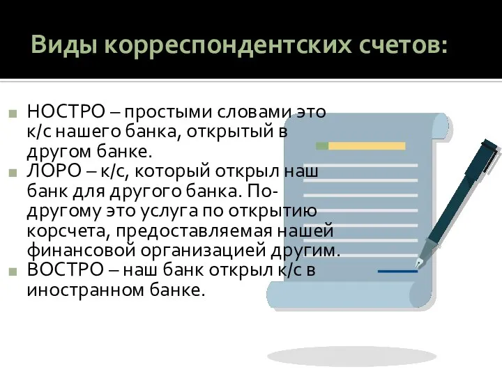 Виды корреспондентских счетов: НОСТРО – простыми словами это к/с нашего банка, открытый