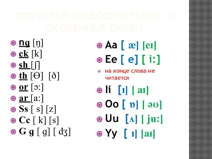 ПРОЧИТАЙ БУКВОСОЧЕТАНИЯ И ОСОБЕННЫЕ БУКВЫ nɡ [ŋ] ck [k] sh [ʃ] th