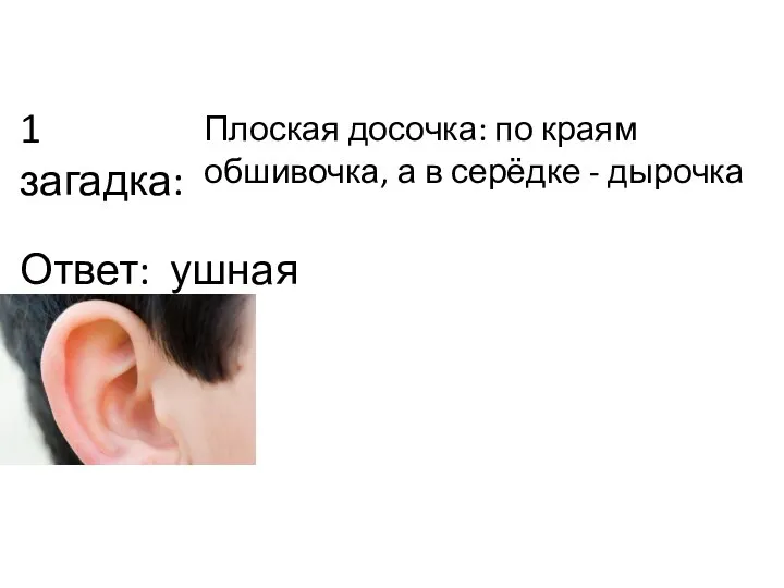 1 загадка: Плоская досочка: по краям обшивочка, а в серёдке - дырочка Ответ: ушная раковина