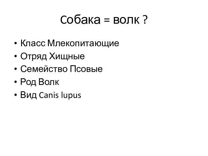 Cобака = волк ? Класс Млекопитающие Отряд Хищные Семейство Псовые Род Волк Вид Canis lupus