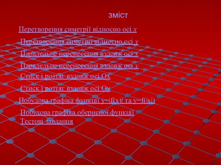зміст Перетворення симетрії відносно осі х Перетворення симетрії відносно осі у Паралельне