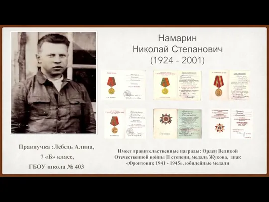 Намарин Николай Степанович (1924 - 2001) Имеет правительственные награды: Орден Великой Отечественной