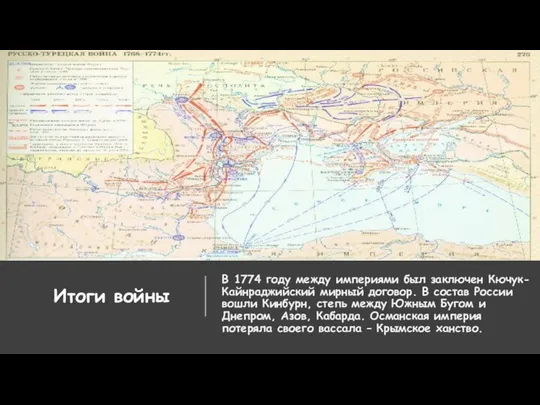 Итоги войны В 1774 году между империями был заключен Кючук-Кайнраджийский мирный договор.