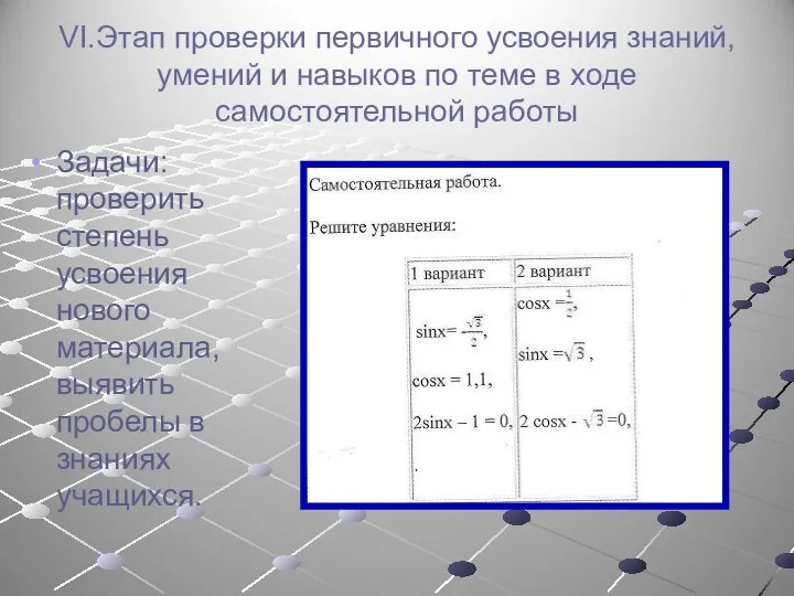 VI.Этап проверки первичного усвоения знаний, умений и навыков по теме в ходе