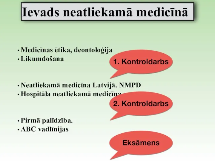 Medicīnas ētika, deontoloģija Likumdošana Neatliekamā medicīna Latvijā. NMPD Hospitāla neatliekamā medicīna Pirmā