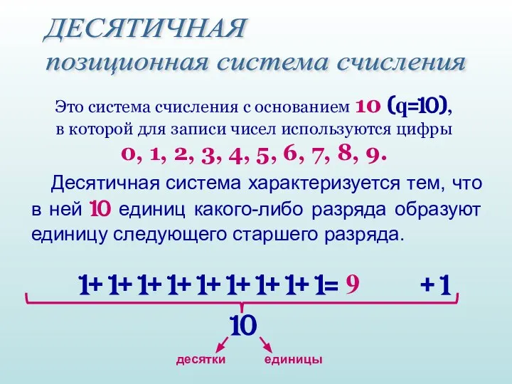 Это система счисления с основанием 10 (q=10), в которой для записи чисел