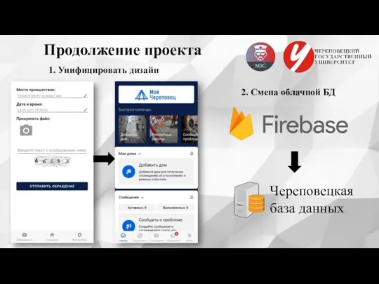 Продолжение проекта 1. Унифицировать дизайн 2. Смена облачной БД Череповецкая база данных