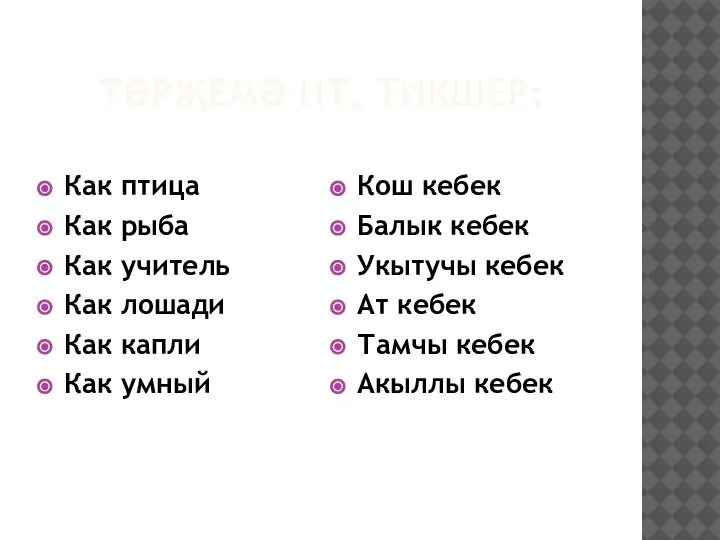 ТӘРҖЕМӘ ИТ, ТИКШЕР: Как птица Как рыба Как учитель Как лошади Как