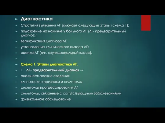 Диагностика Стратегия выявления ЛГ включает следующие этапы (схема 1): подозрение на наличие