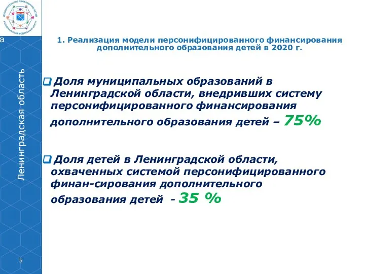 Доля муниципальных образований в Ленинградской области, внедривших систему персонифицированного финансирования дополнительного образования