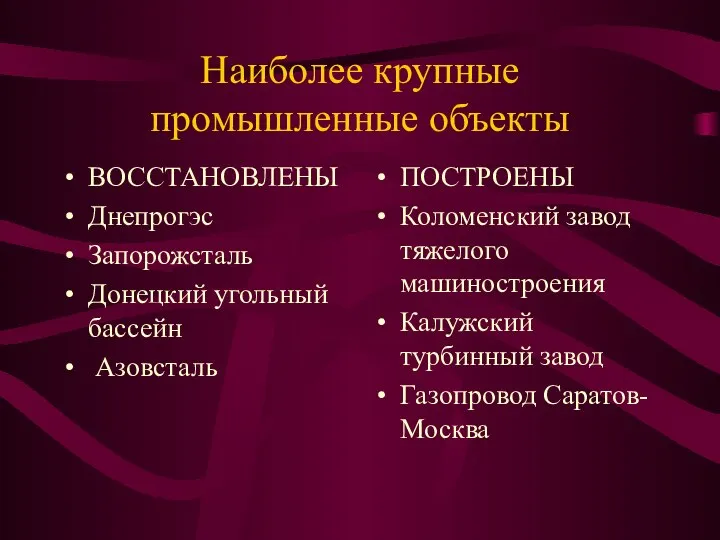 Наиболее крупные промышленные объекты ВОССТАНОВЛЕНЫ Днепрогэс Запорожсталь Донецкий угольный бассейн Азовсталь ПОСТРОЕНЫ