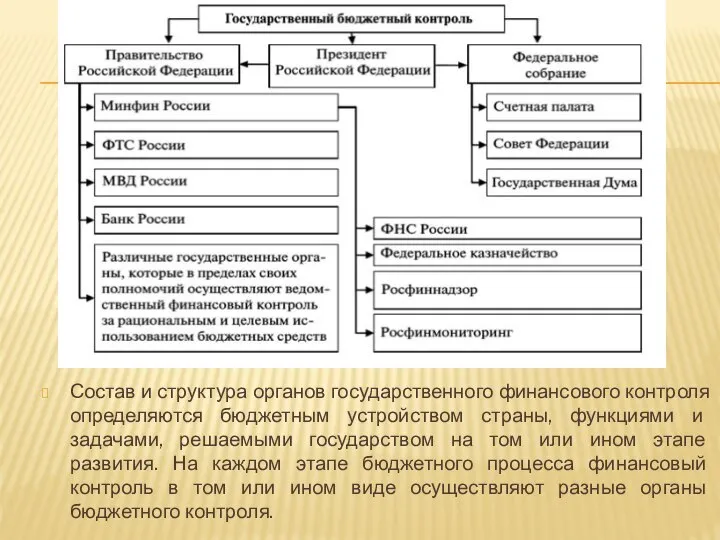 Состав и структура органов государственного финансового контроля определяются бюджетным устройством страны, функциями