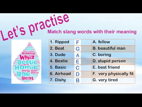 Let’s practise Match slang words with their meaning F G A E C D B