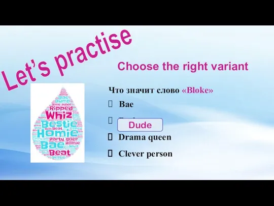 Choose the right variant Что значит слово «Bloke» Bae Dude Drama queen