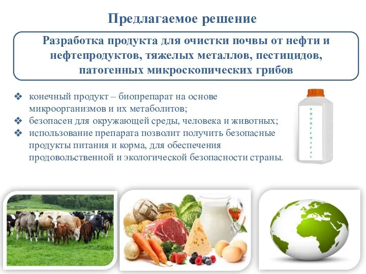 Предлагаемое решение конечный продукт – биопрепарат на основе микроорганизмов и их метаболитов;