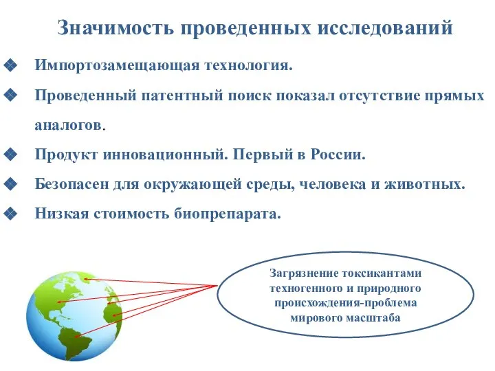 Значимость проведенных исследований Загрязнение токсикантами техногенного и природного происхождения-проблема мирового масштаба Импортозамещающая