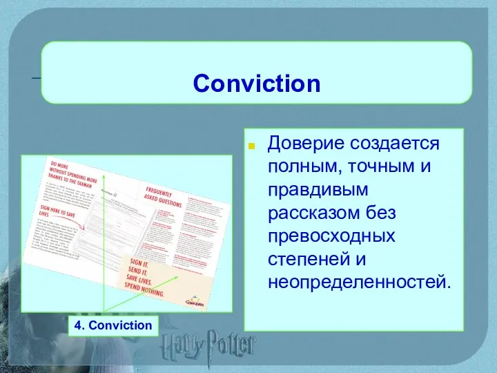 Conviction Доверие создается полным, точным и правдивым рассказом без превосходных степеней и неопределенностей. 4. Conviction