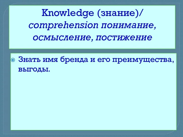 Knowledge (знание)/ comprehension понимание, осмысление, постижение Знать имя бренда и его преимущества, выгоды.