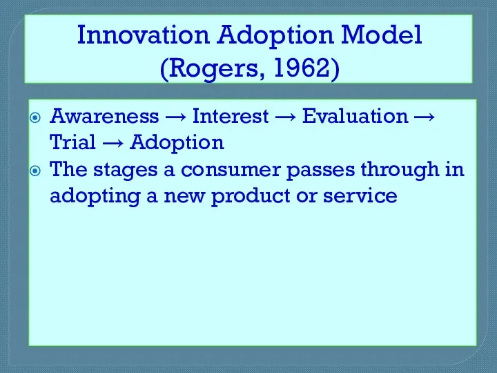 Innovation Adoption Model (Rogers, 1962) Awareness → Interest → Evaluation → Trial