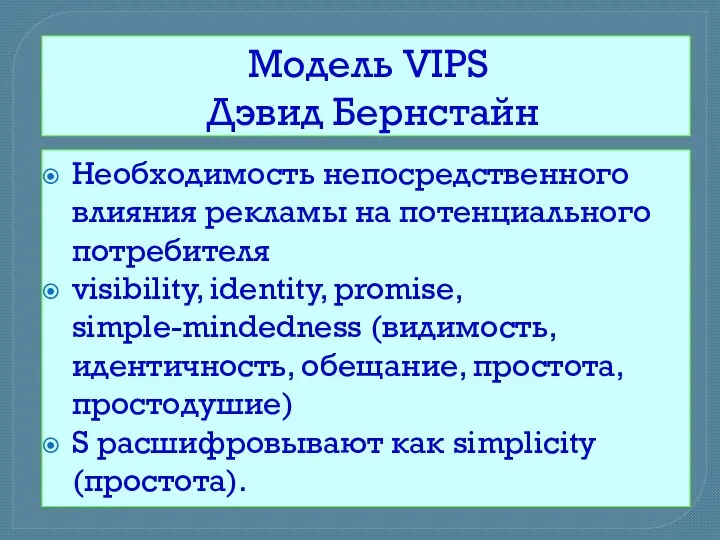 Модель VIPS Дэвид Бернстайн Необходимость непосредственного влияния рекламы на потенциального потребителя visibility,