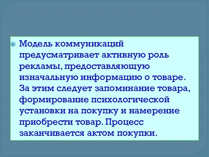 Модель коммуникаций предусматривает активную роль рекламы, предоставляющую изначальную информацию о товаре. За