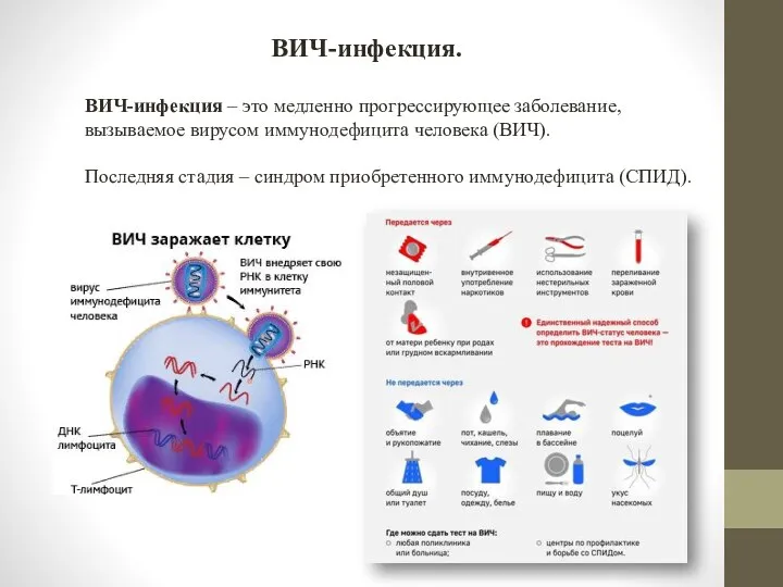 ВИЧ-инфекция. ВИЧ-инфекция – это медленно прогрессирующее заболевание, вызываемое вирусом иммунодефицита человека (ВИЧ).